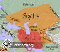 سرزمین سرمت و سکائیه در سال ۱۰۰ پ. م. ، گستره شاهنشاهی پارت نیز در نقشه نشان داده شده.