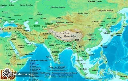 قلمرو امپراتوری کوشانی، همسایهٔ شرقی ایران، در زمان اشکانیان، در سال ۲۰۰ میلادی