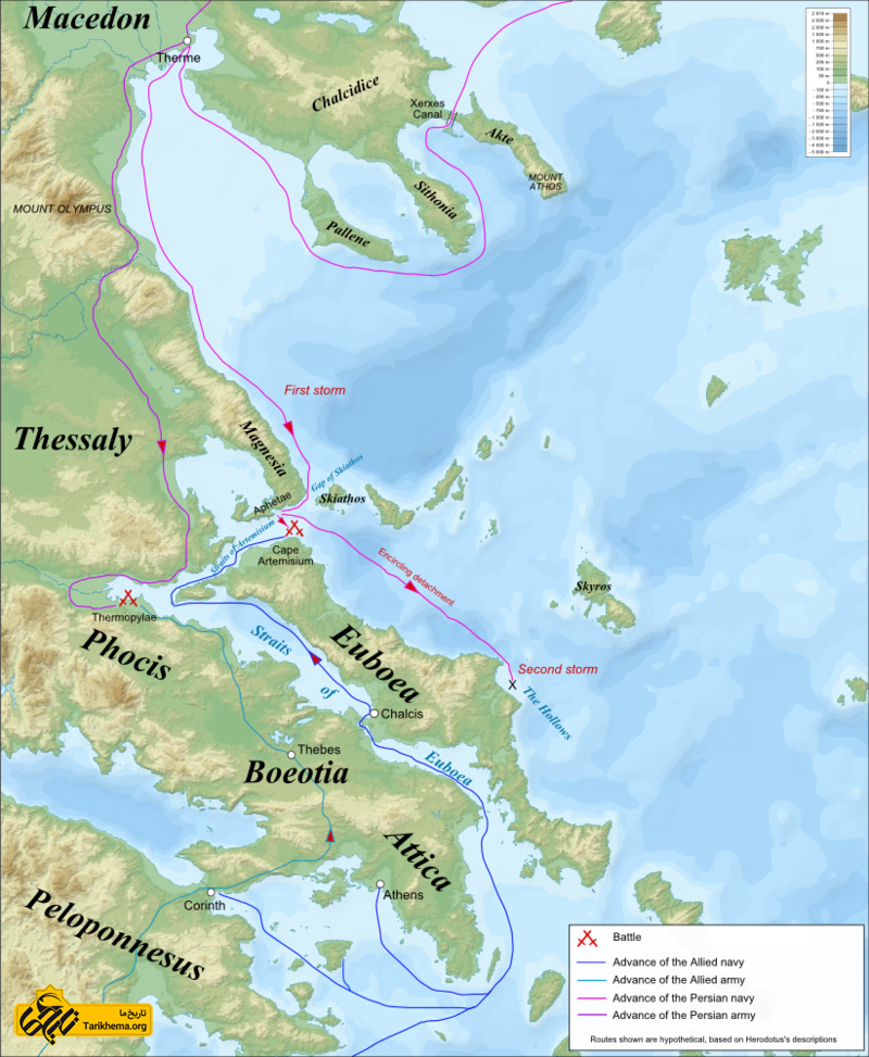 عکس نقشهٔ جنگی نبرد ترموپیل و آرت میزیوم (۴۸۰ قبل از میلاد مسیح)، بر اساس توصیفات هرودوت. رسم شده بر نقشهٔ توپوگرافیکی دریای اژه %d9%81%d8%aa%d8%ad-%d8%a2%d8%aa%d9%86-%d8%af%d8%b1-%d8%b2%d9%85%d8%a7%d9%86-%d8%ae%d8%b4%d8%a7%db%8c%d8%a7%d8%b1%d8%b4%d8%a7 Tarikhema.org