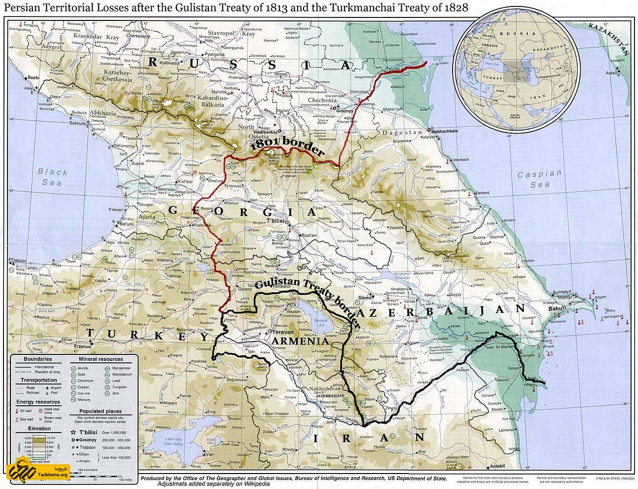 مرزهای شمال غربی ایران و روسیه تا پیش از عهدنامهٔ گلستان (خط قرمزرنگ) و پس از آن (خط سیاه‌رنگ)