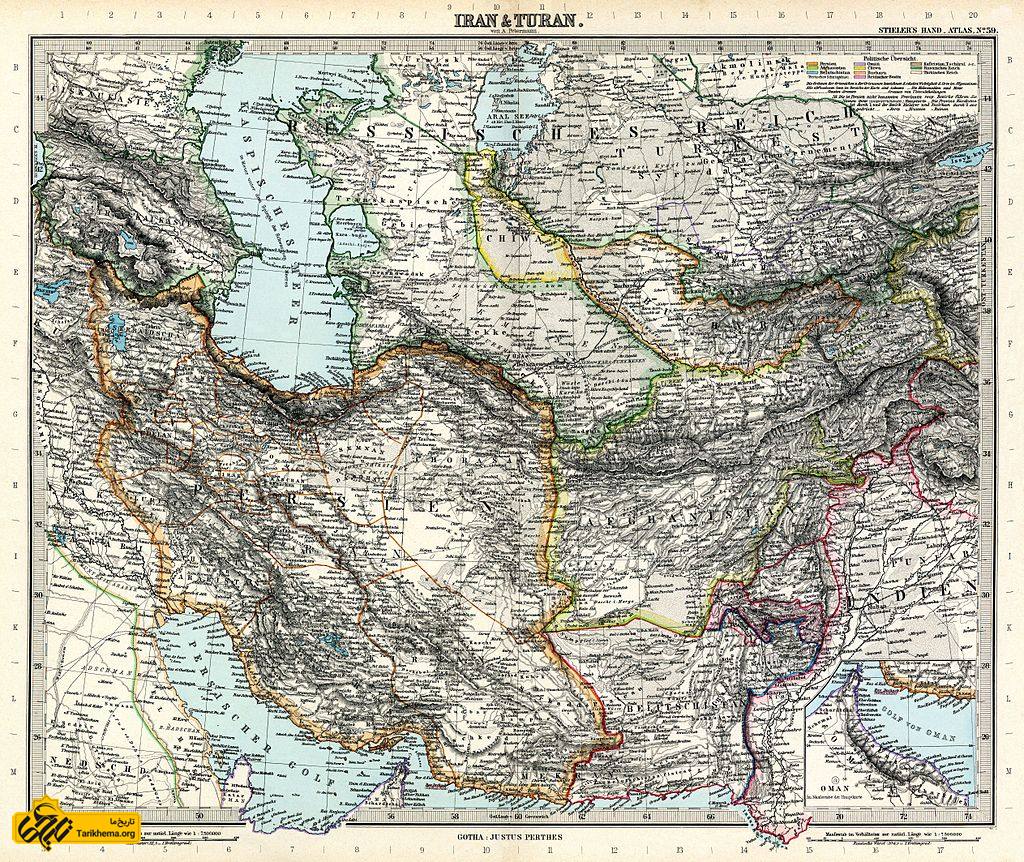 مرزهای ایران در اواخر دوره قاجار در نقشه ایران و توران در دوره قاجاریه