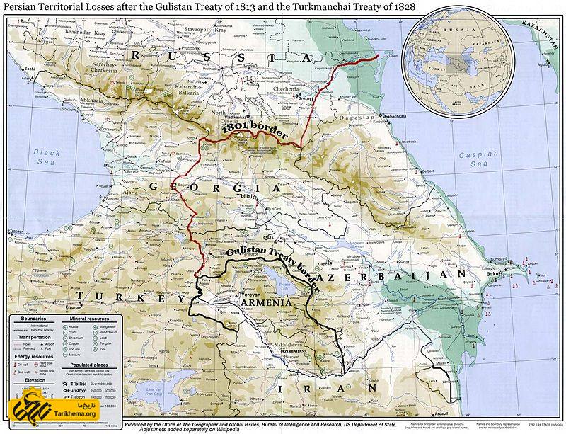 مرز ایران و روسیهٔ تزاری پیش از پیمان نامهٔ گلستان (این نقشه دقیق نیست و نیمه غربی گرجستان و حدود ۱۵ هزار کیلومتر مربع از شمال داغستان و چچن و اینگوش را شامل نمی‌شود) - در نتیجه این عهدنامه ایران حدود ۲۲۰ هزار کیلومتر مربع از سرزمین خود (وسعت خاکی) به همراه ۱۳۶۰ کیلومتر خط ساحلی در دریای کاسپین (۱۲۰ تا ۱۵۰ هزار کیلومتر وسعت آبی) و ۳۱۰ کیلومتر خط ساحلی در دریای سیاه (۲۰ هزار کیلومتر مربع وسعت آبی) خود را از دست بدهد.