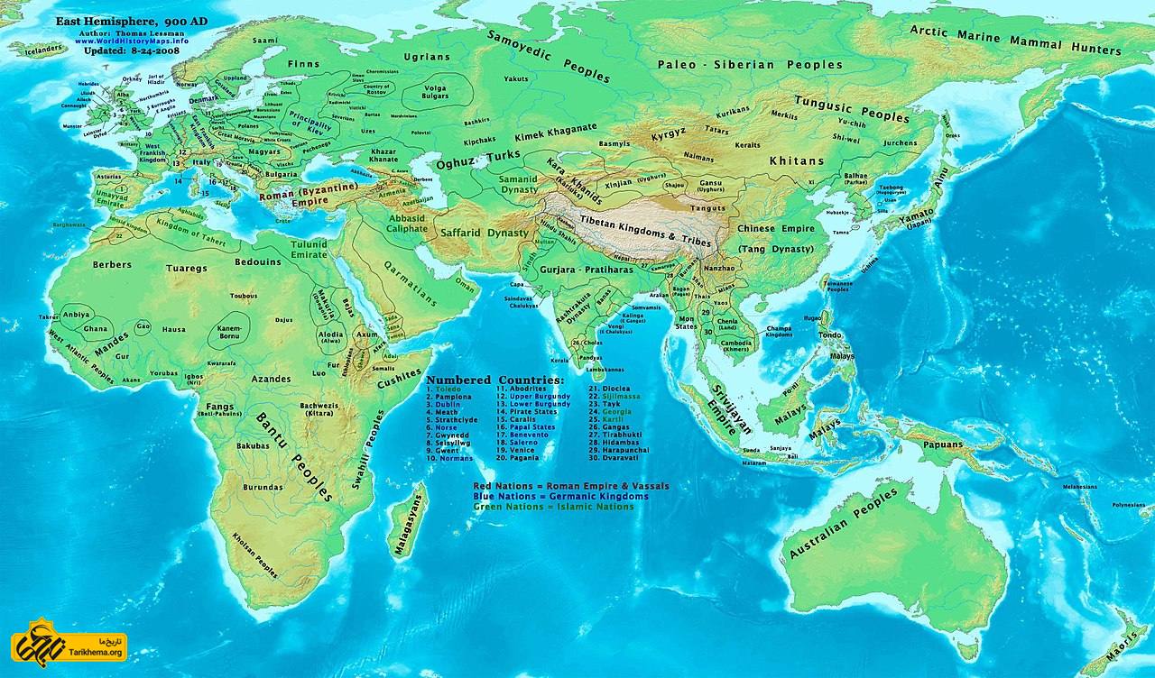 نقشه آسیا و محدوده سامانیان و صفاریان در حدود ۹۰۰ میلادی
