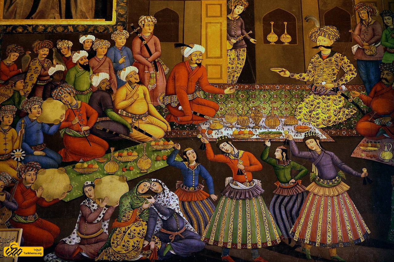 پذیرایی شاه عباس از ولی‌محمدخان (فرمانروای بخارا از سلسله اشترخانیان)، دیوارنگاره‌ای در چهل‌ستون اصفهان.