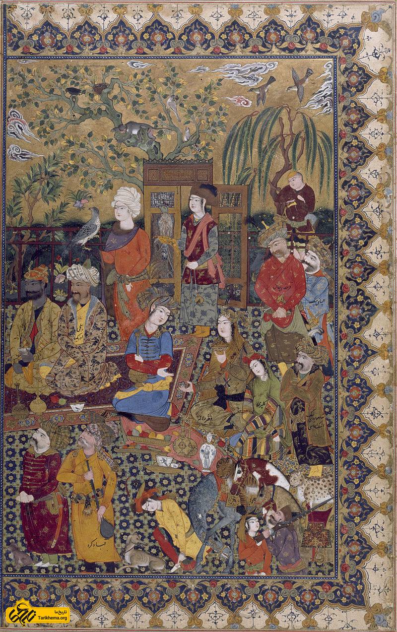 درباریان شاه عباس اول. در این تصویر اشخاصی با نام‌هایی مانند قرچغای خان، قباد کرد و گلپری به تصویر کشیده شده‌اند.