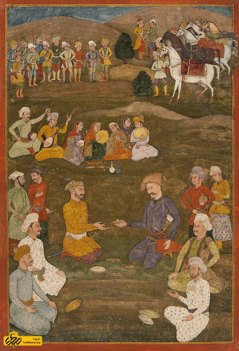 اثری نقاشی از به‌حضور پذیرفته‌شدن خان‌عالم، سفیر جهانگیرشاه گورکانی در یک شکارگاه توسط شاه عباس.