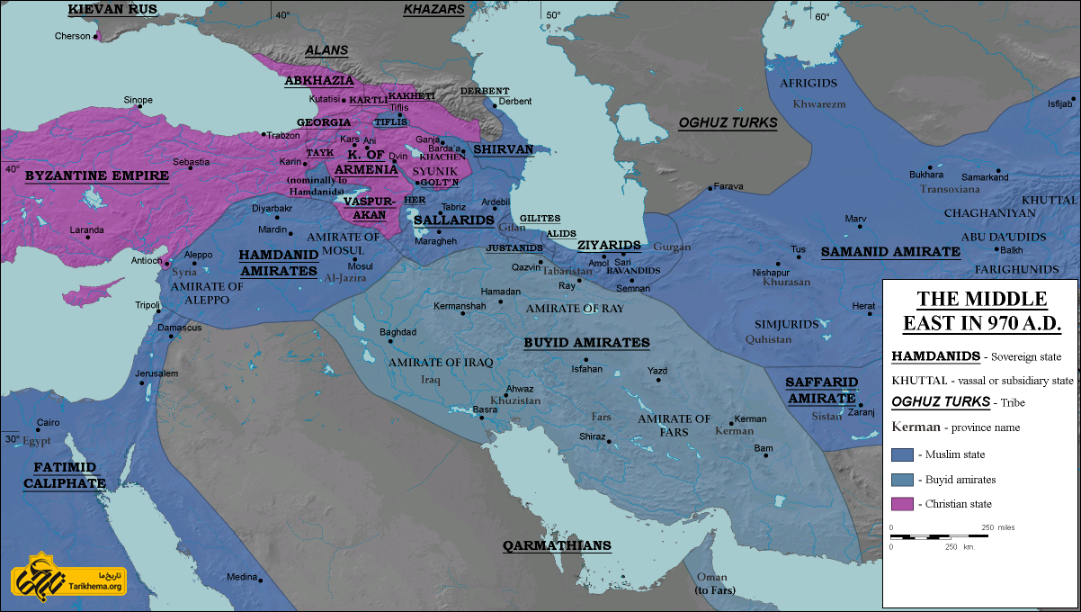 نقشه آل بویه و دیگر دولت‌های محلی در سال ۹۷۰ میلادی