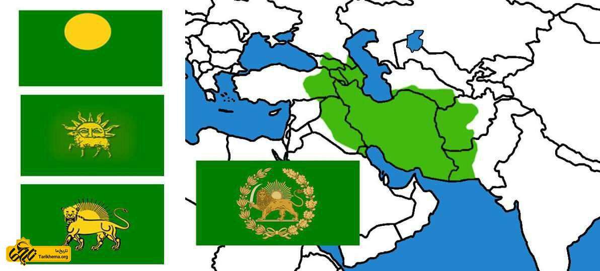 گسترهٔ سلطنت صفویان (رنگ سبز در نقشه) در مقایسه با سرحدات امروزی کشورها