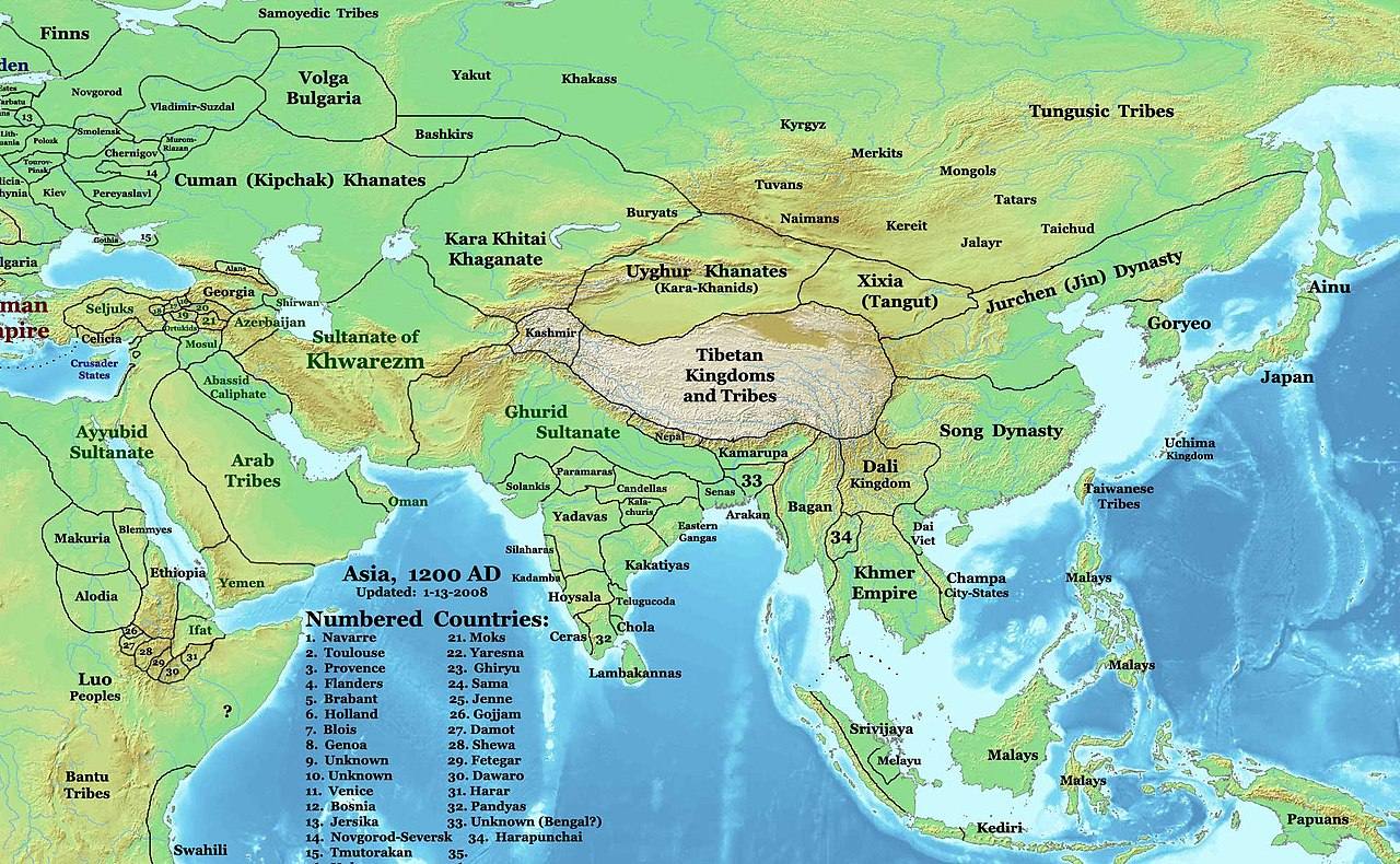 آسیا در ۱۲۰۰م، نشان دهنده غوریان و همسایگانش