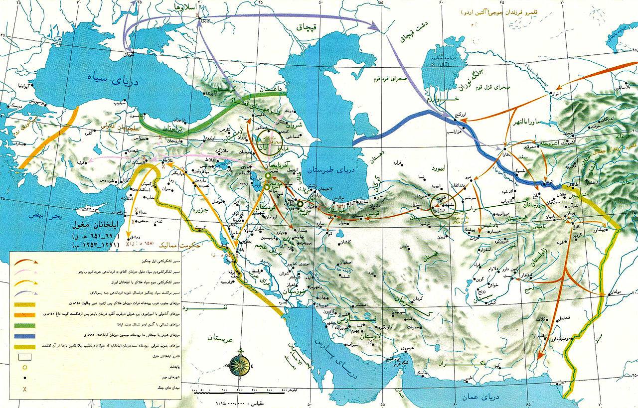 مسیر لشکرکشی سرداران مغول به ایران. مسیر بازگشت جبه و سبتای از ایران با رنگ بنفش کمرنگ نشان داده شده‌است.