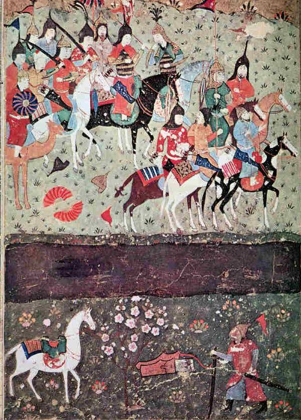 یک اثر نقاشی مربوط به سدهٔ شانزدهم میلادی از جنگ سند. در این تصویر چنگیز و سپاهیانش در حال نظارهٔ جلال‌الدین و گذشت او از رود سند هستند.