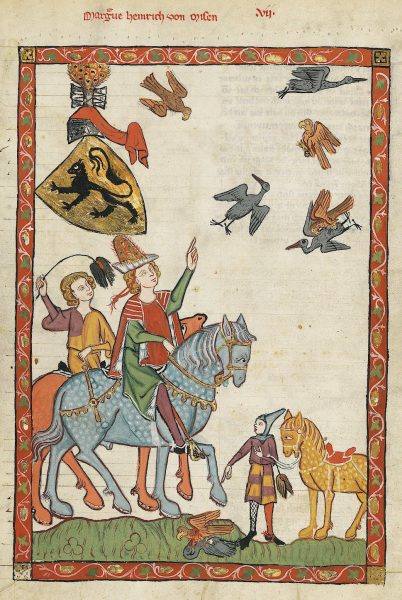 اروپایی‌های قرون وسطایی که سوار بر اسب به تربیت شاهین‌بازی می‌پردازند