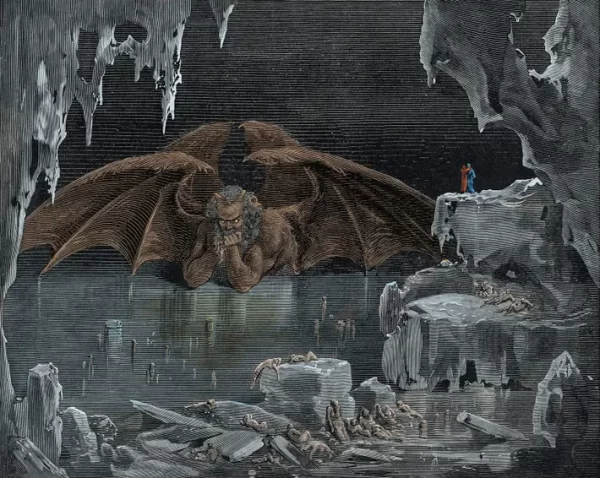 در این تصویر اواخر قرن نوزدهم توسط گوستاو دوره، لوسیفر که در یخ به دام افتاده است، خائنان یهودا، بروتوس و کاسیوس را می بلعد.