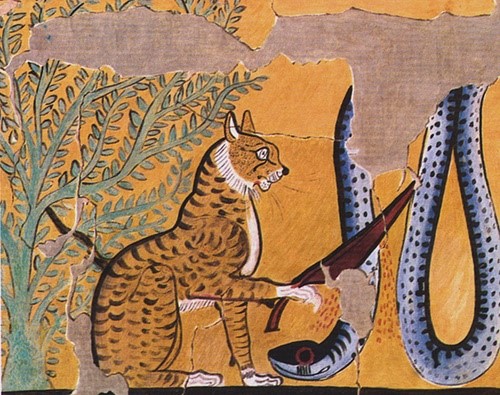 نقاشی مصری از گربه‌ای در حال کشتن یک افعی